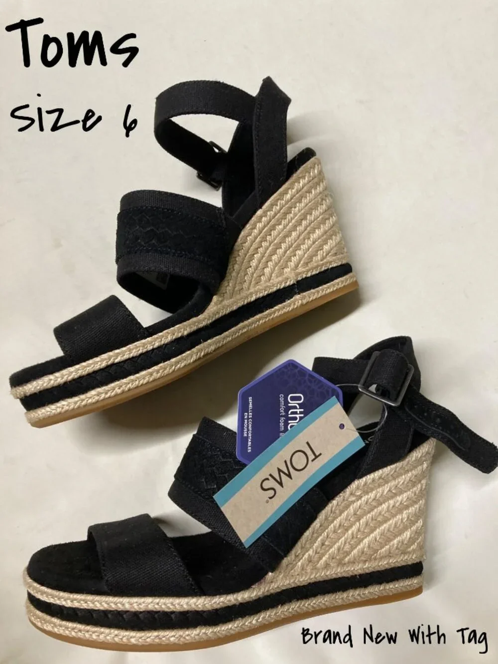 Toms Madelyn Braided Wedge Sandal for Women - Black, Size 6, New with Tag